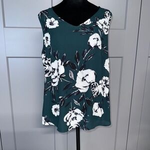DKNY Sleeveless Green‎ Floral V Neck Blouse Top Womens Large Casual Loose Fit